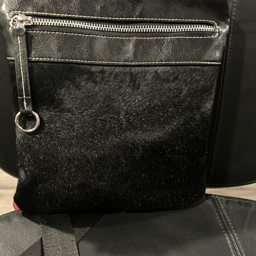 Aqua Madonna Sleek Black Fur-Trimmed Messenger Bag
